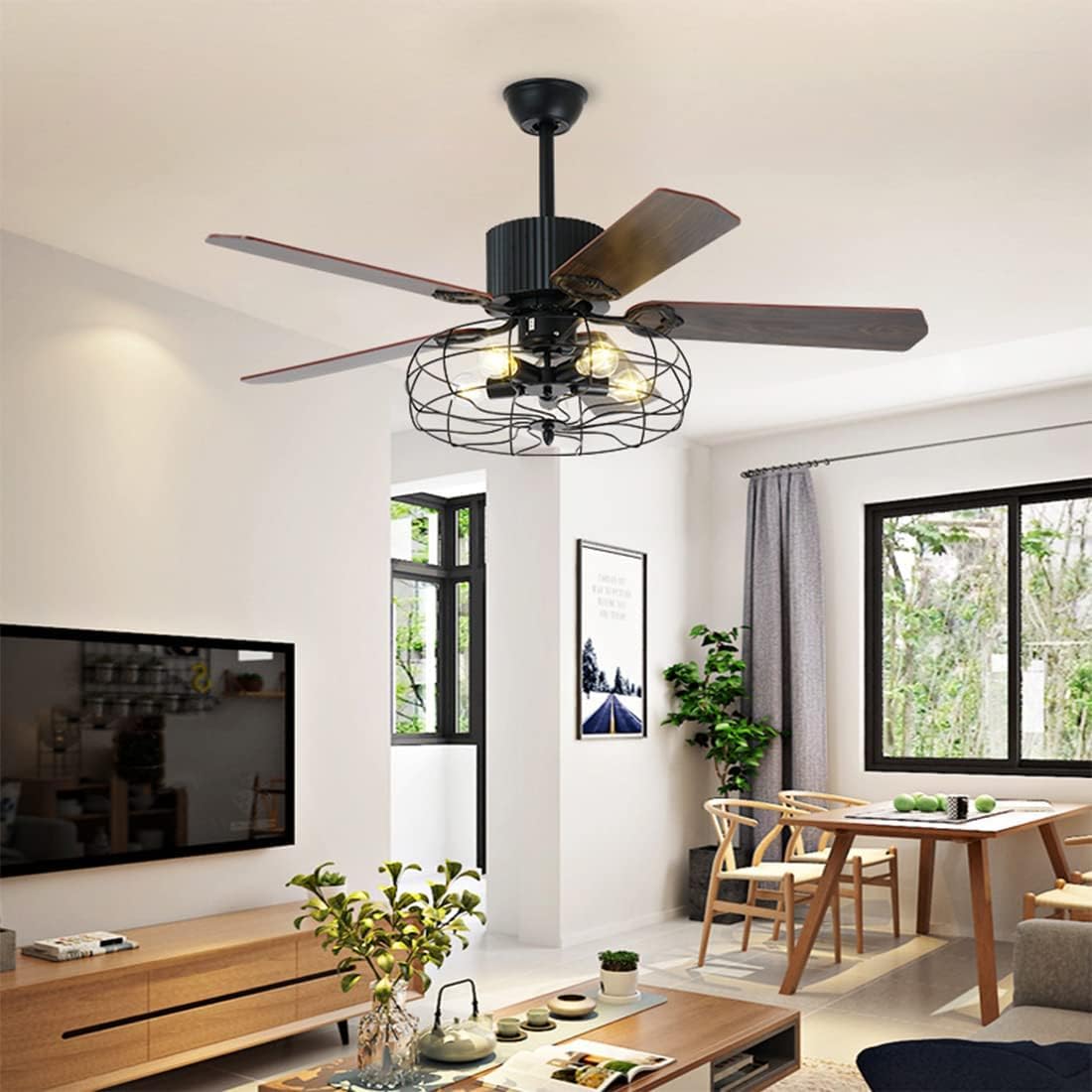 Black Industrial Ceiling Fan with Light and Remote, 5 Wood Blades, 5-Lights E26 Z9699
