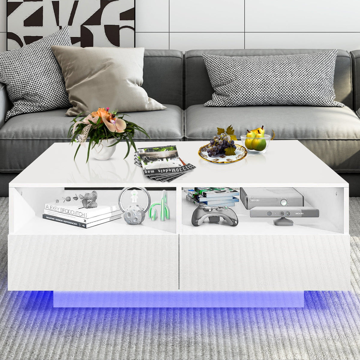 Black LED Coffee Table with 4 Drawers H568882