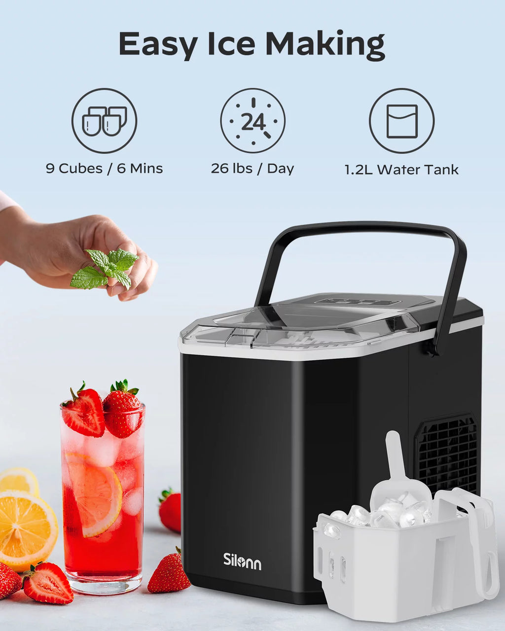 Countertop Ice Maker Machine with Handle, 9pcs/6min, 26lbs/24h, Silver K36812