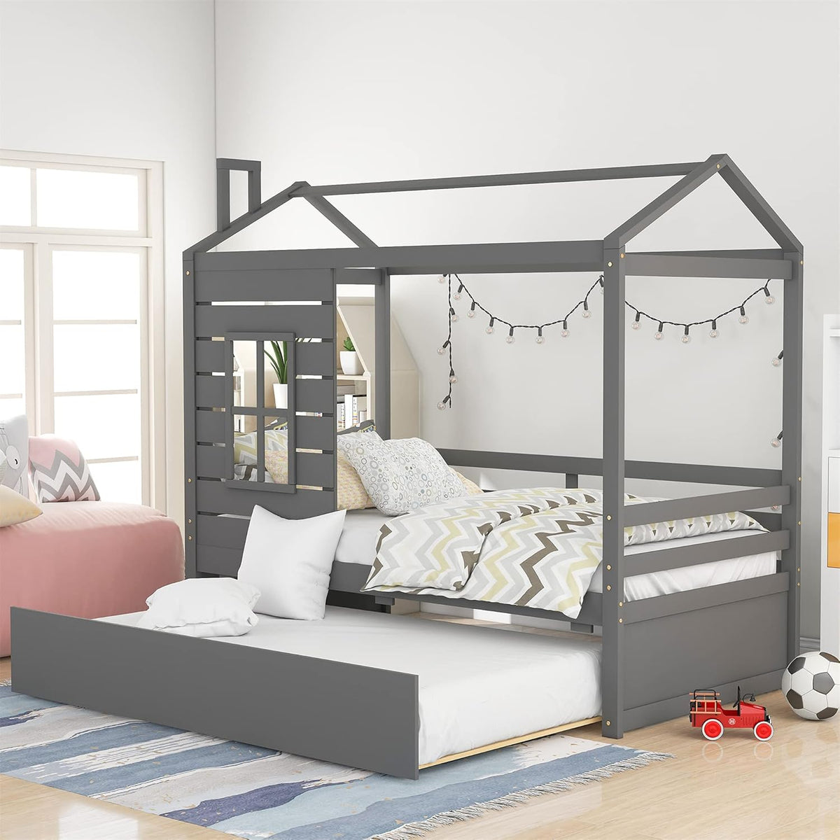 White Twin House Bed with Trundle E874