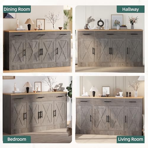 Ash Grey Wood Buffet Cabinet with 3 Drawers and 4 Doors E525763