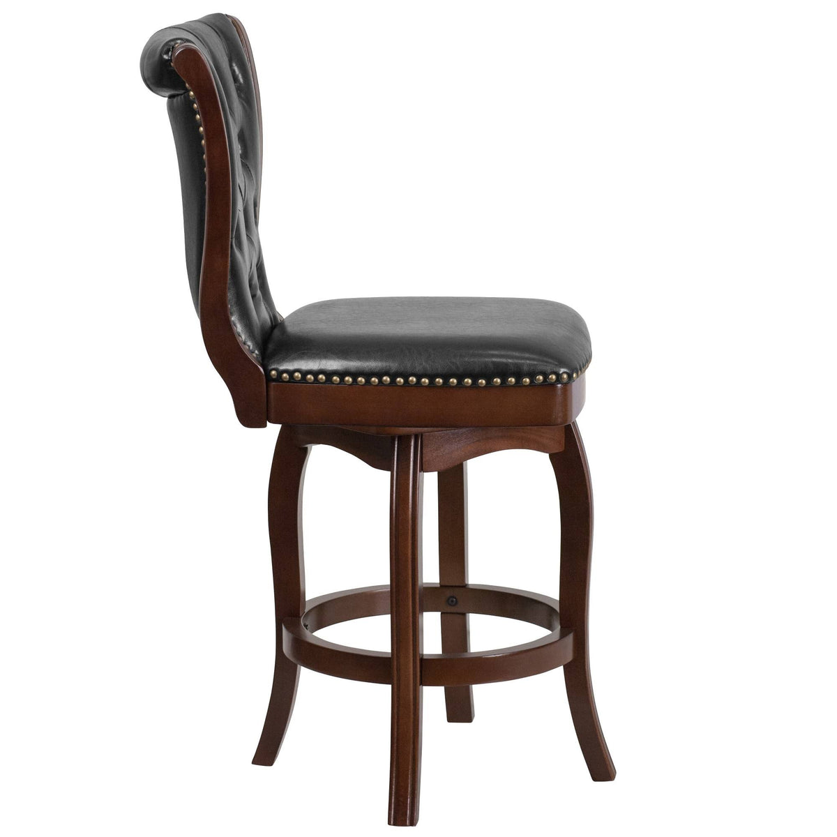 26 Inch Cappuccino Wood Counter Height Stool with Black Leather Swivel Seat Q352