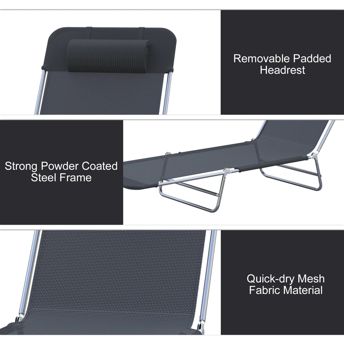 Folding Chaise Lounge Pool Chairs with Pillow, Steel Frame & Breathable Mesh, Black H7056