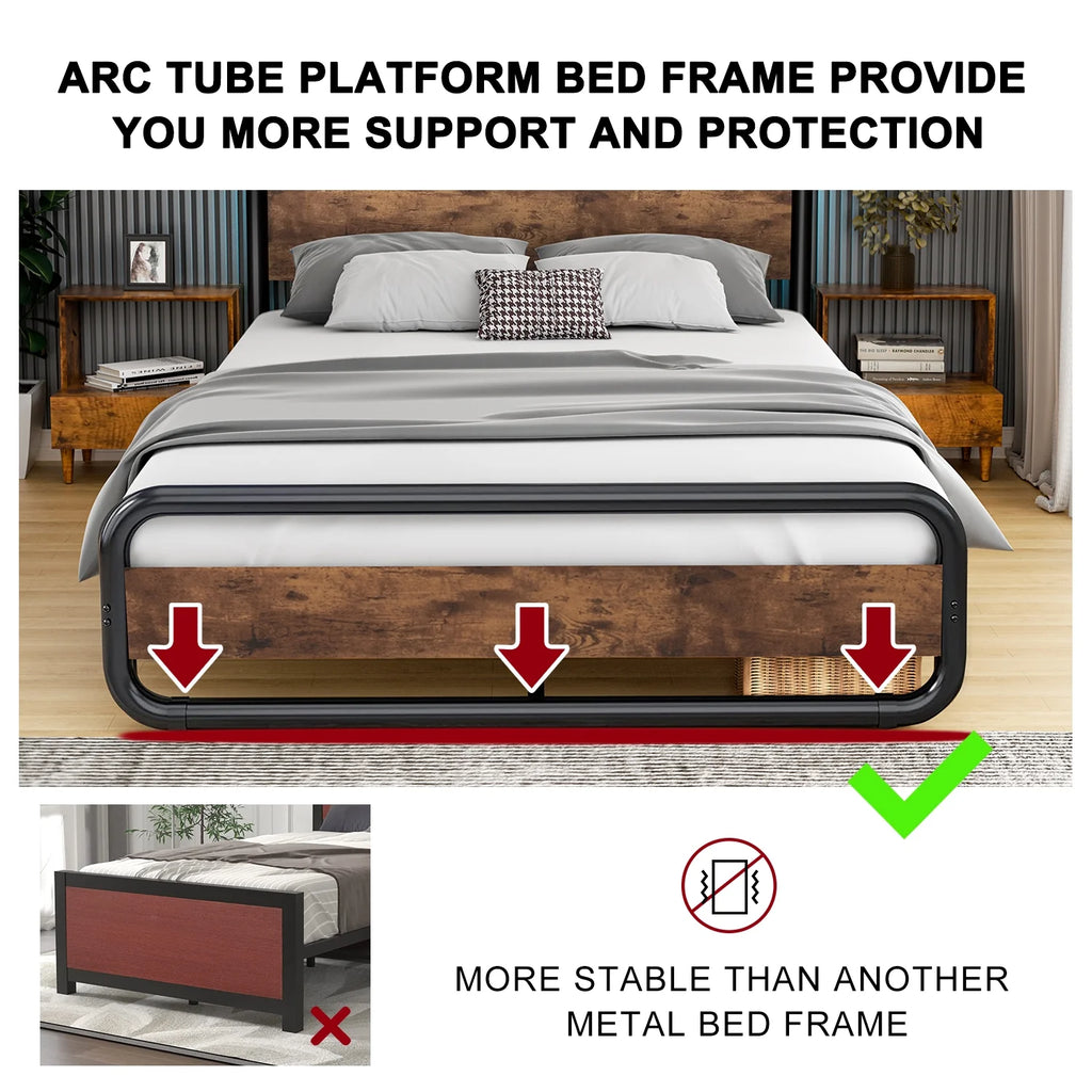 Queen Size Metal Platform Bed Frame with Wooden Headboard T347294