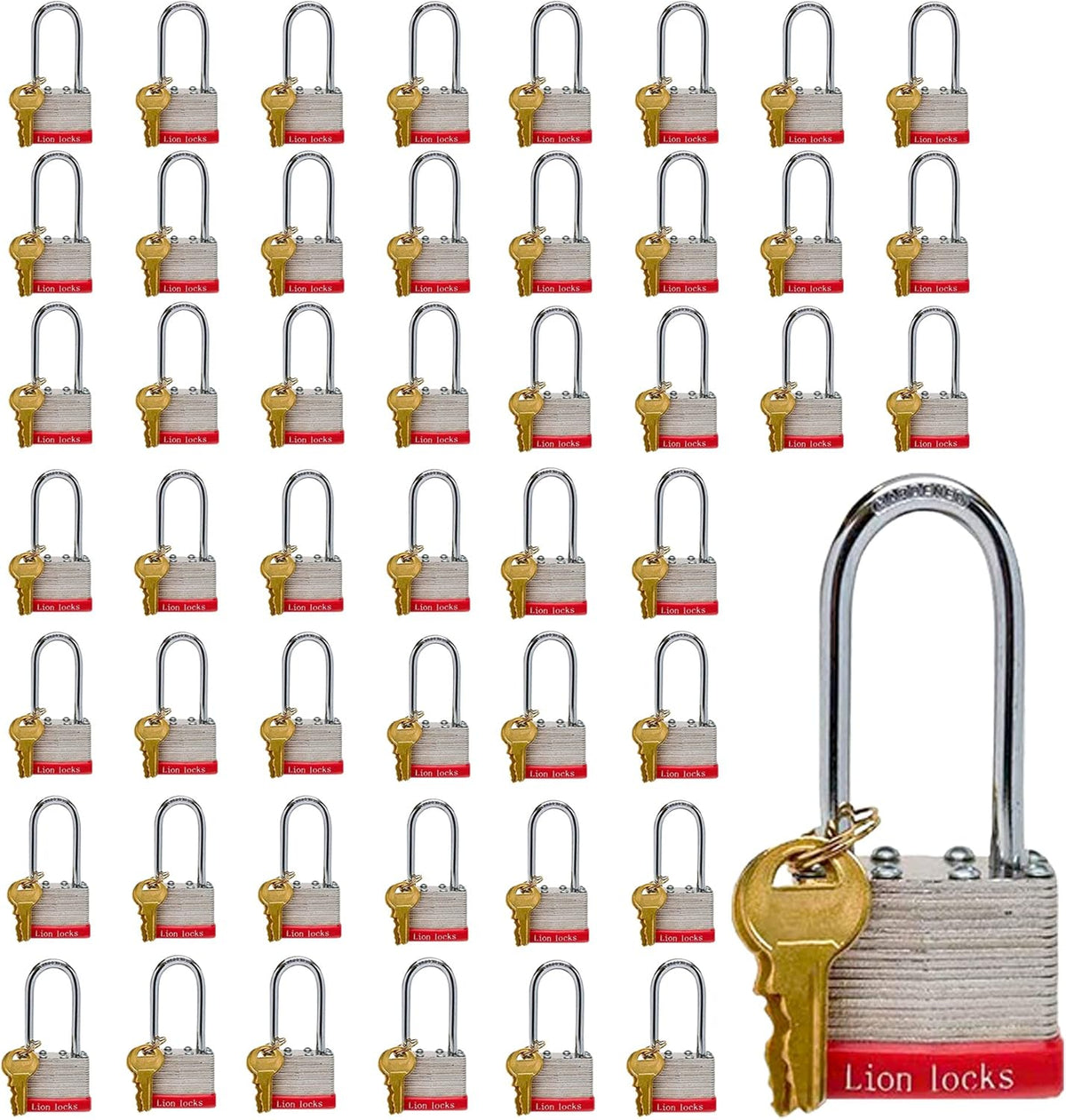 24 Keyed-Alike Padlocks with Long Shackle, 48 Keys, Hardened Steel Case, Brass Pin Cylinder I75937