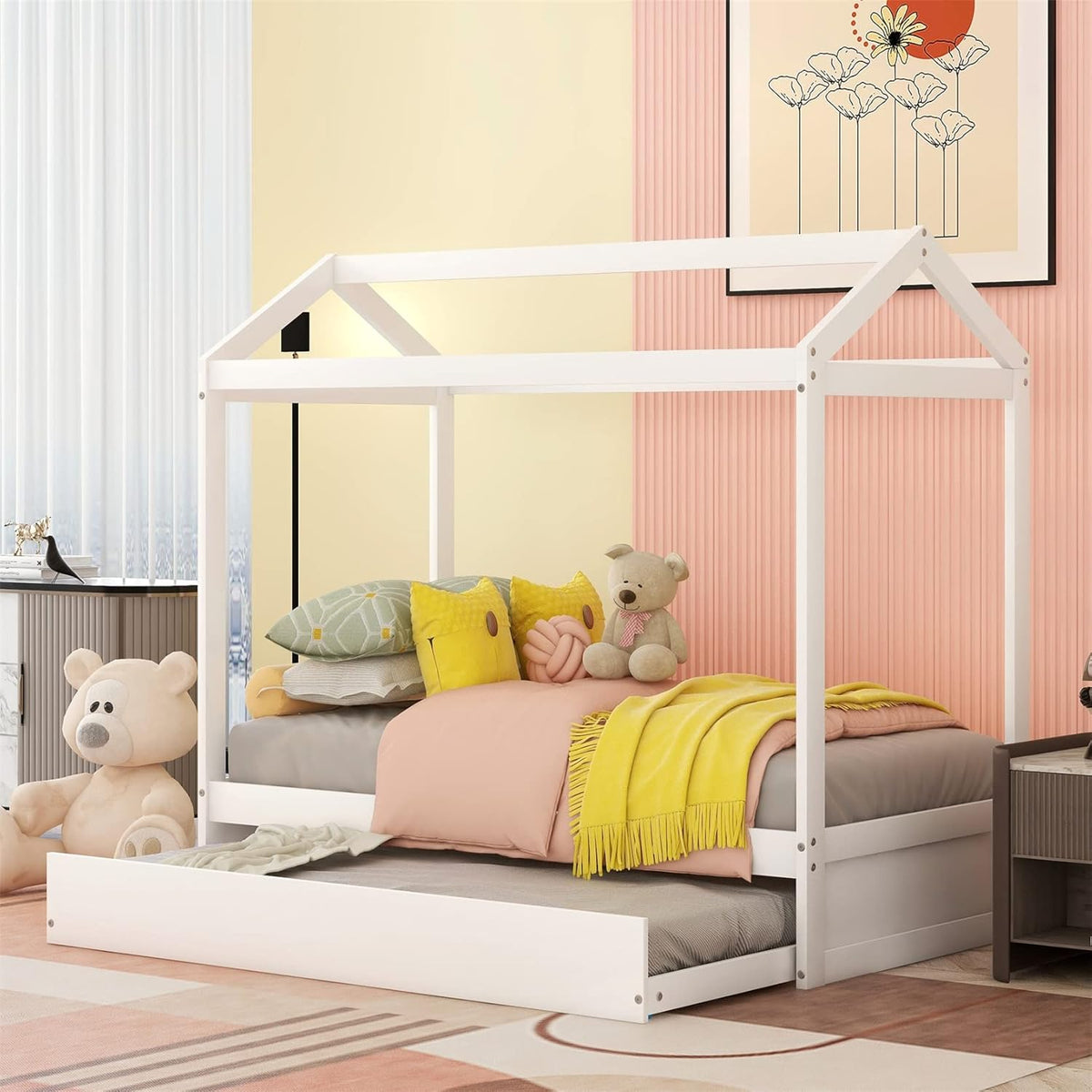 White Twin House Bed with Trundle E874