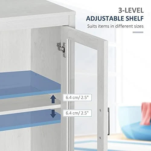 White Wooden Bathroom Floor Cabinet with Double Glass Doors and Adjustable Shelves L965