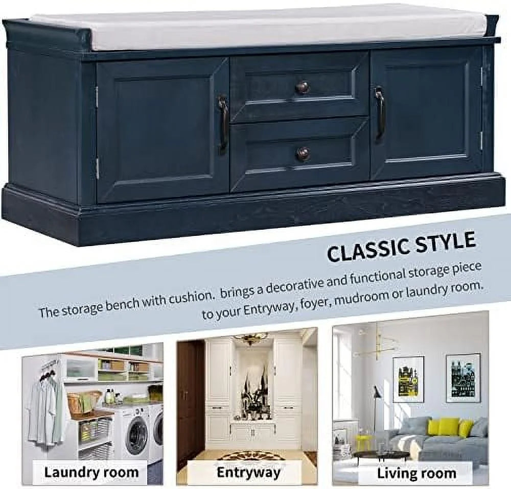 Solid Wood Shoe Bench with 3 Doors and Removable Cushion W18528