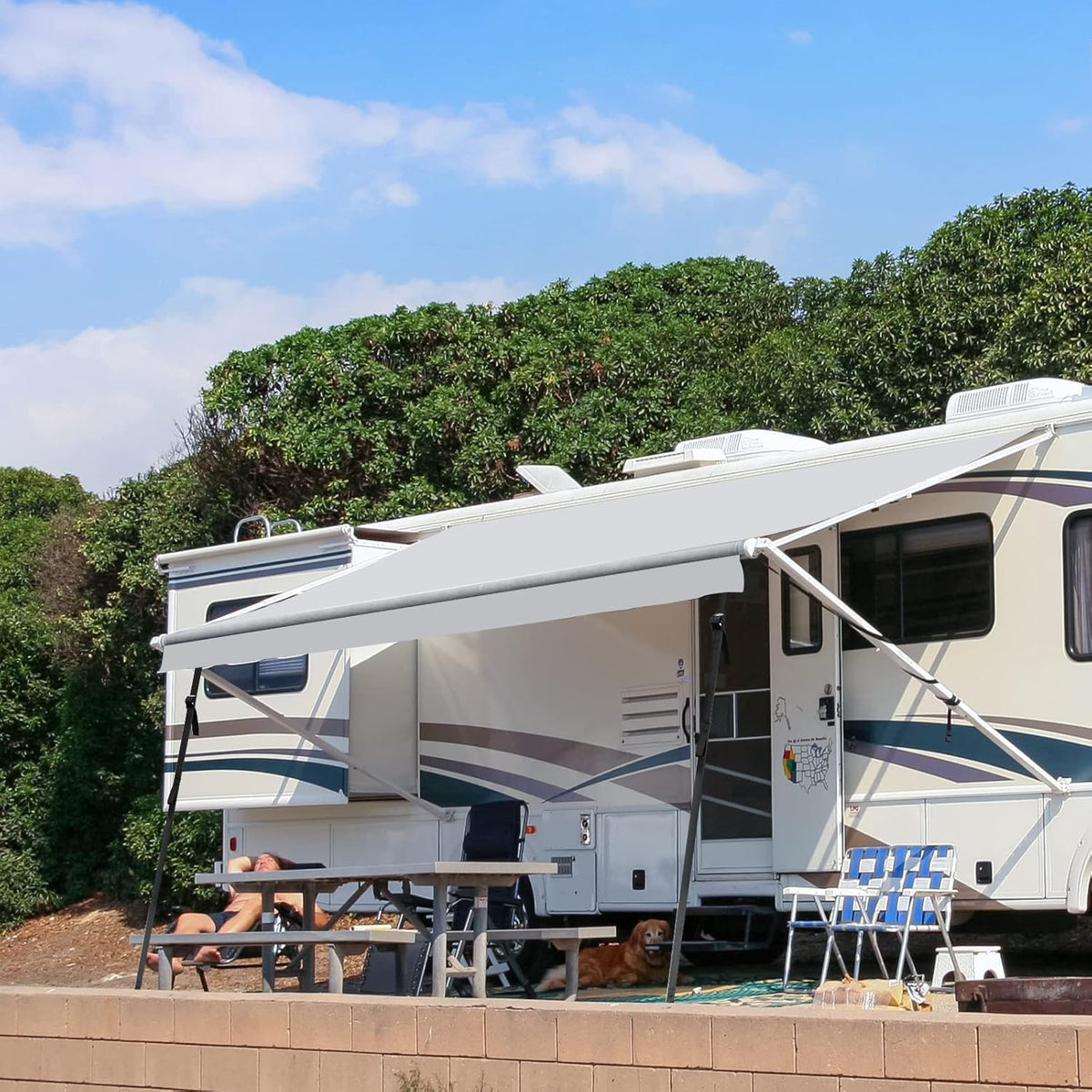 280GSM RV Awning Replacement Fabric with Awning Anchor Kits & Pull Tension Strap, Gray R38901