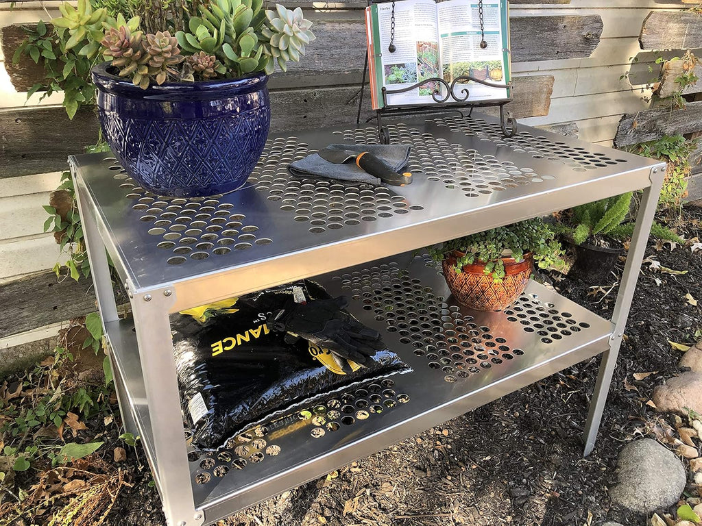 Aluminum Greenhouse Potting Bench and Utility Table with 1 Inch Round Holes K86472