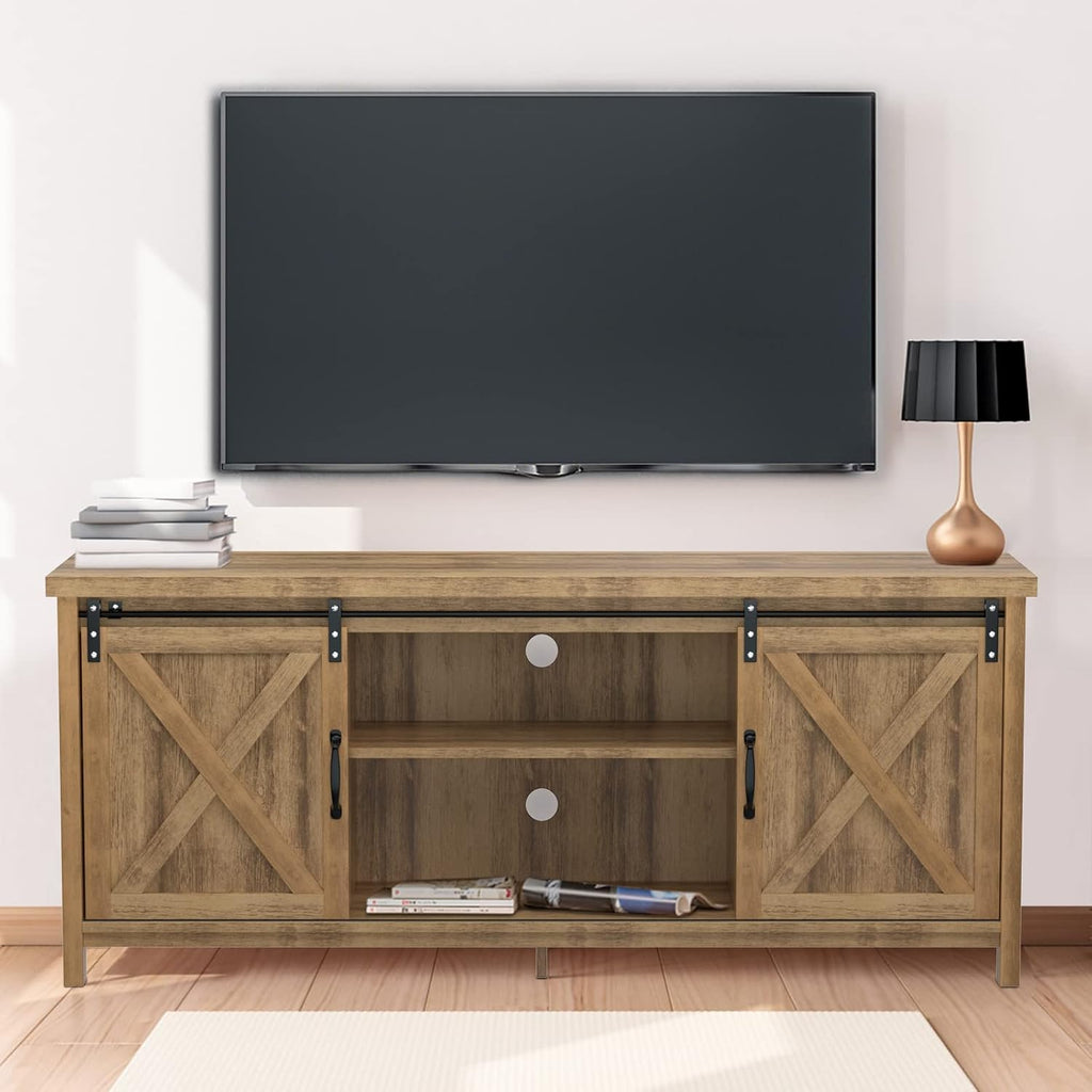 Black Grey Farmhouse TV Stand with Sliding Barn Doors O970