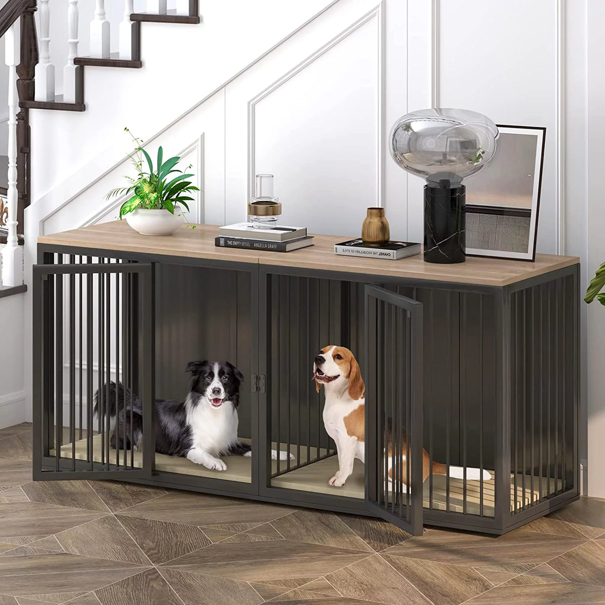 Black Large 2 Dog Steel Frame Wooden Top Crate Furniture O342