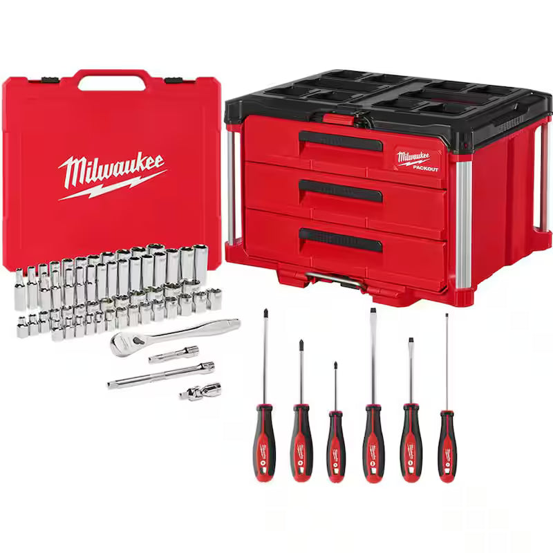 3/8 in. Drive SAE/Metric Mechanics Tool Set 62-Piece with 3-Drawer Tool Box K212