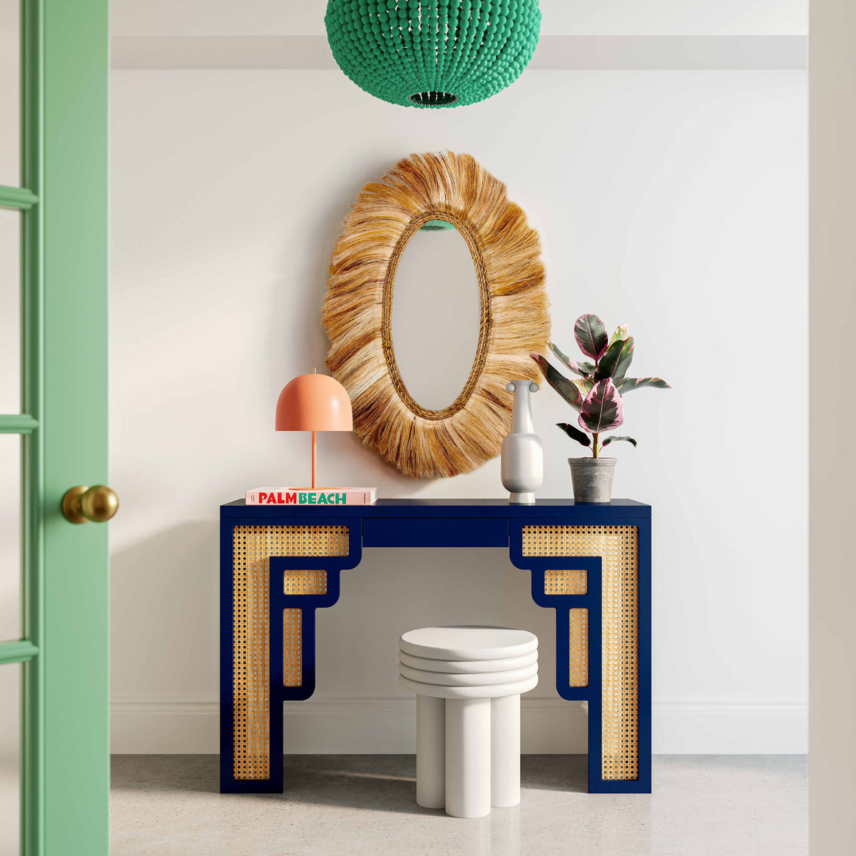 Navy Rattan Console Table A11427