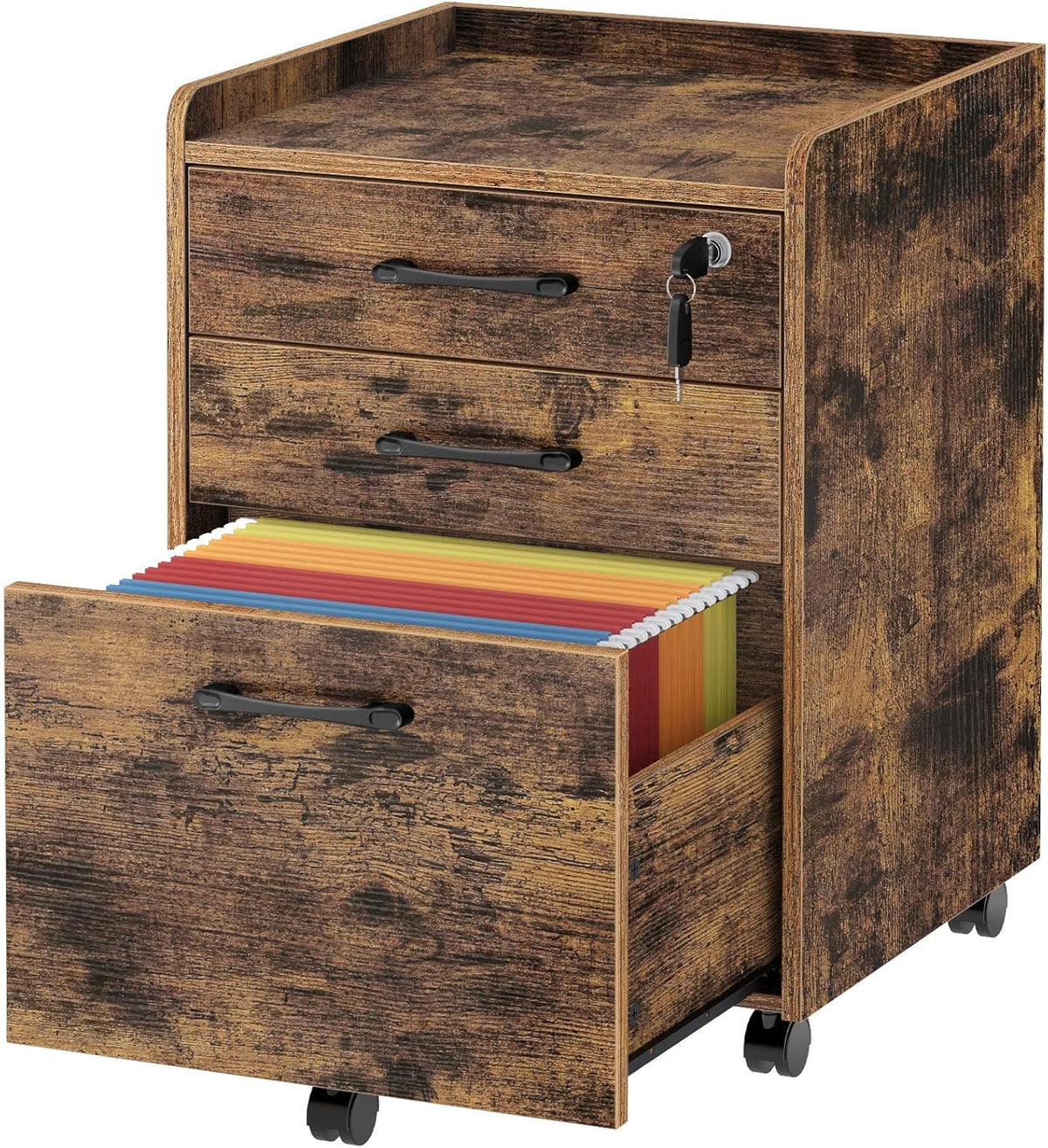 Rustic Brown 3 Drawer Rolling File Cabinet T9442