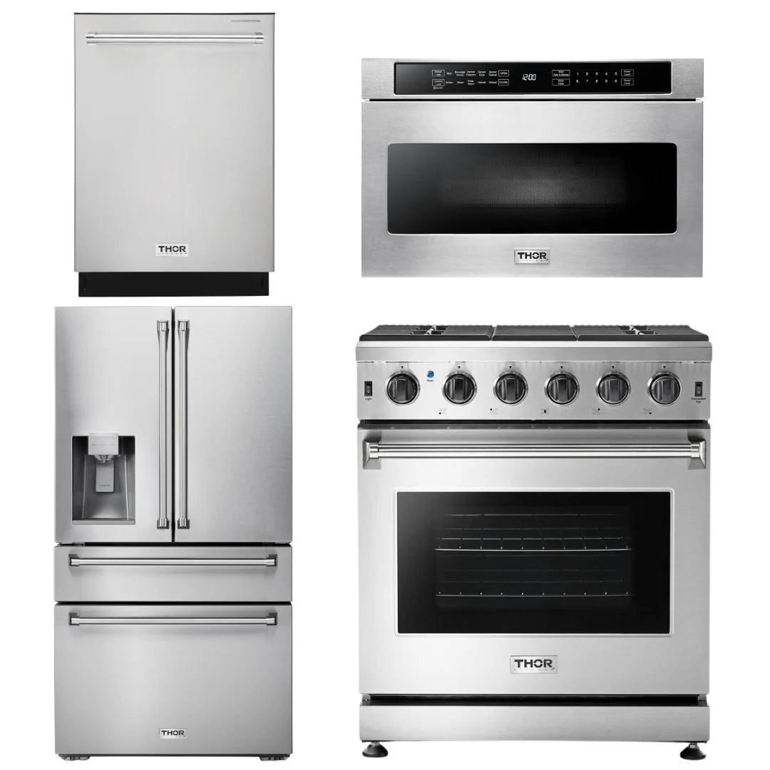 30 Propane Gas Range, Microwave, Refrigerator with Water and Ice Dispenser, Dishwasher Q962308