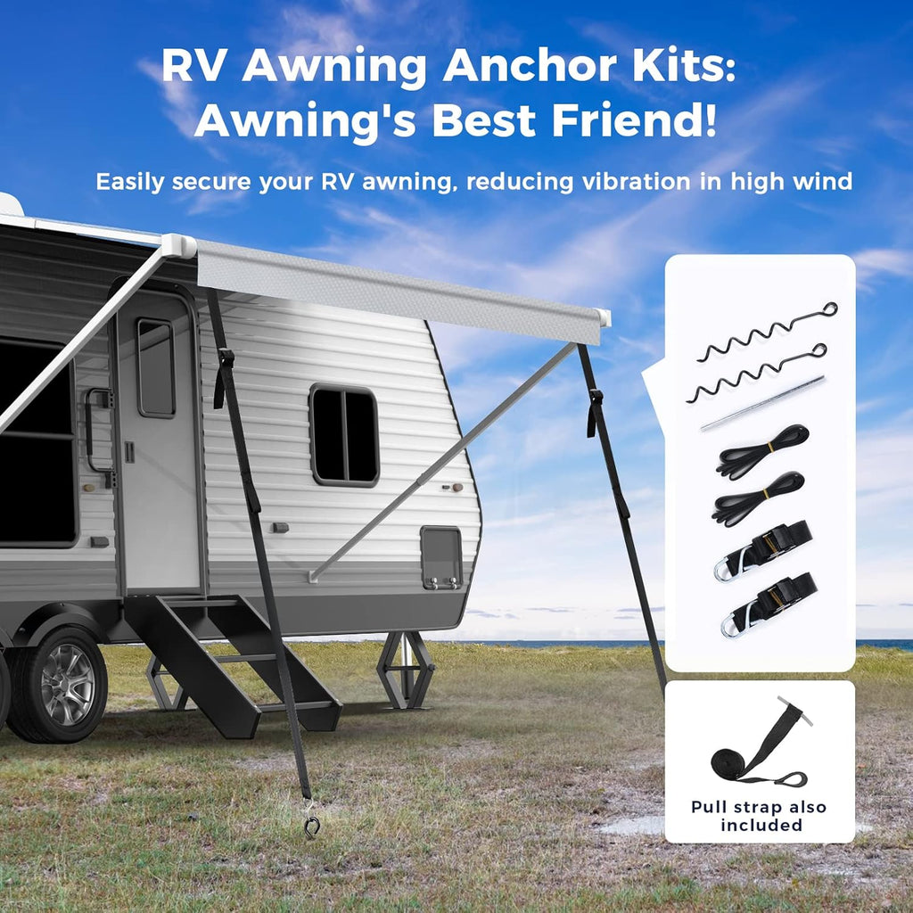 280GSM RV Awning Replacement Fabric with Awning Anchor Kits & Pull Tension Strap, Gray R38901