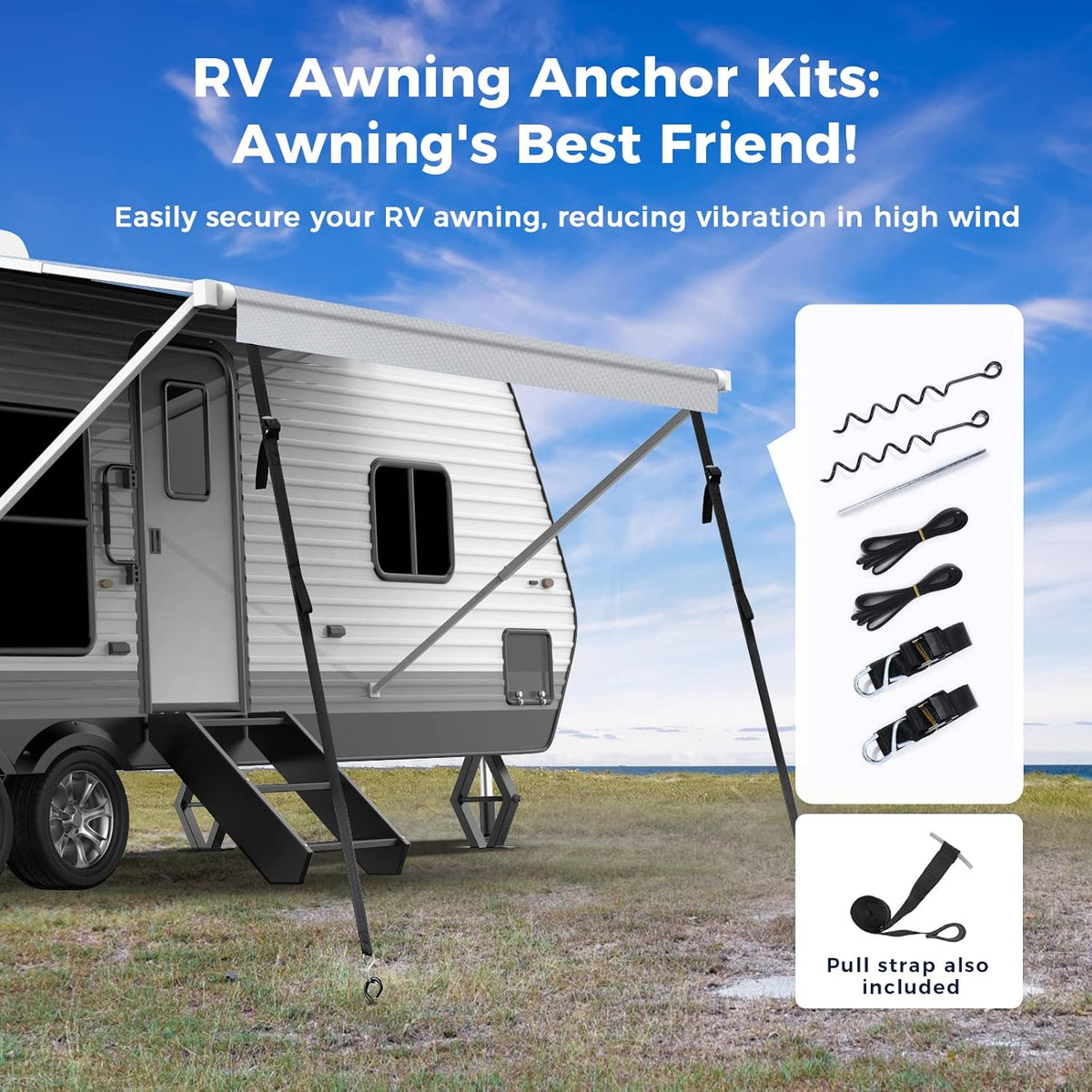 280GSM RV Awning Replacement Fabric with Awning Anchor Kits & Pull Tension Strap, Gray R38901