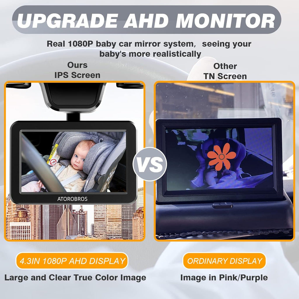Baby Car Camera with 4.3'' HD Display, 1080P Night Vision, 360° Rearview Mirror Display Bracket O26401
