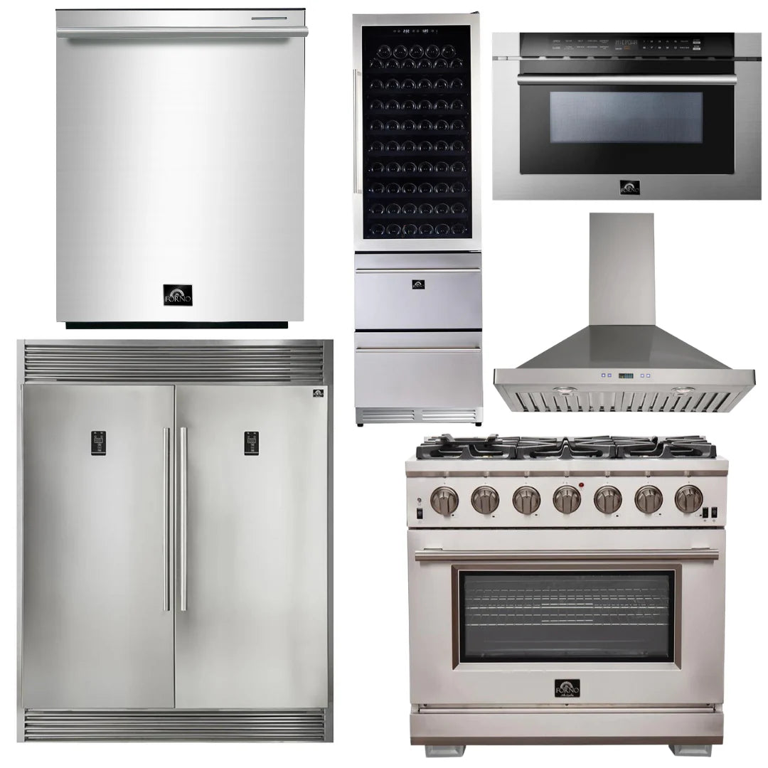 36 Inch Pro Gas Range, Range Hood, Refrigerator, Microwave Drawer, Dishwasher, Wine Cooler F5441