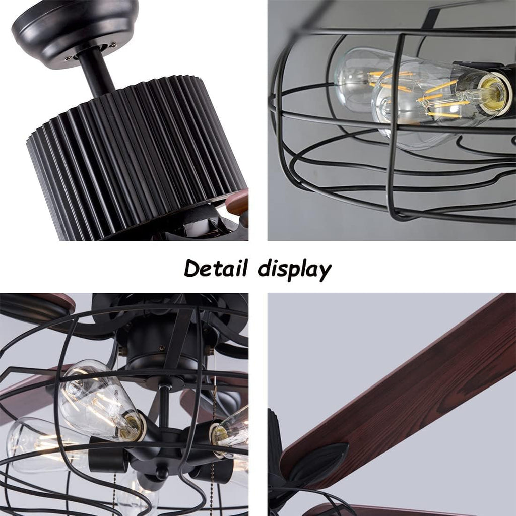 Black Industrial Ceiling Fan with Light and Remote, 5 Wood Blades, 5-Lights E26 Z9699