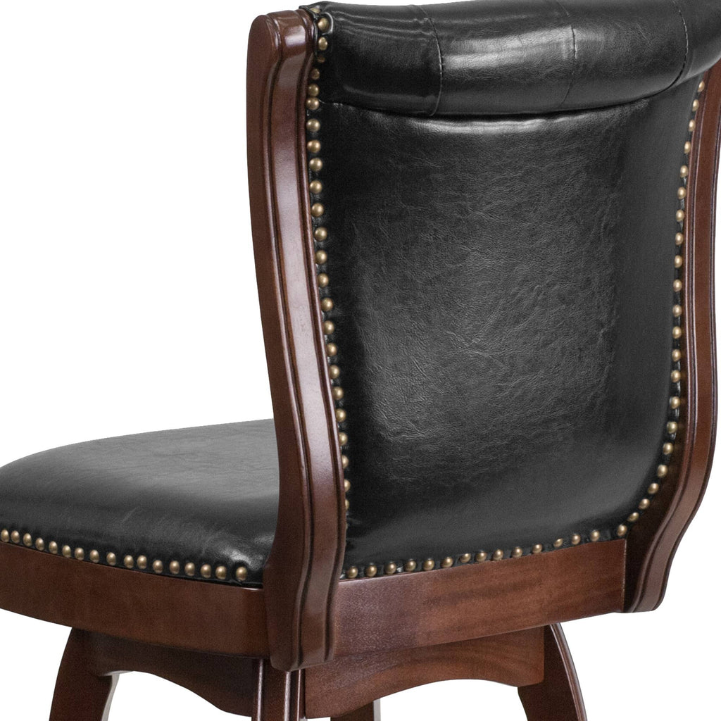 26 Inch Cappuccino Wood Counter Height Stool with Black Leather Swivel Seat Q352