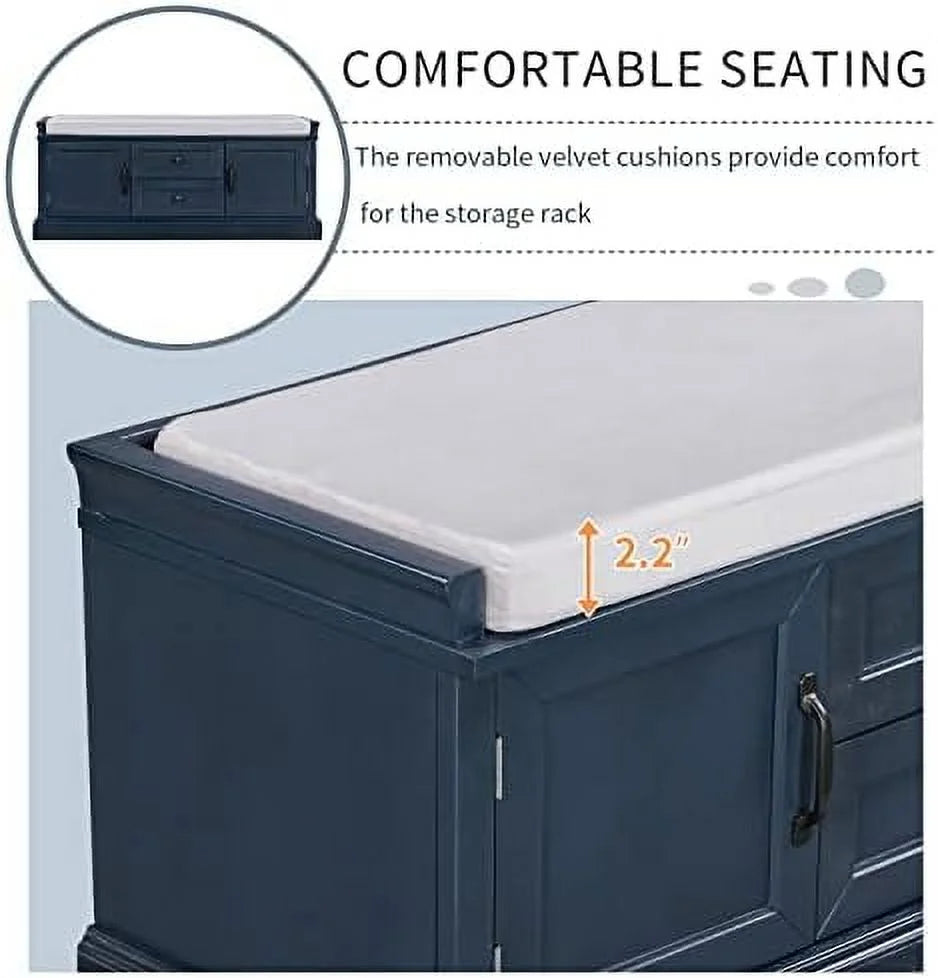 Solid Wood Shoe Bench with 3 Doors and Removable Cushion W18528