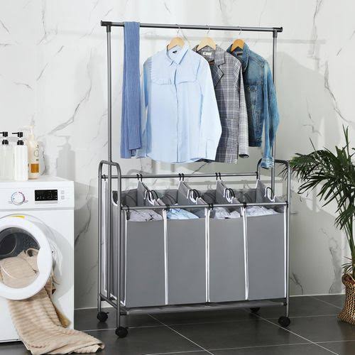 Gray 4-Bag Rolling Laundry Sorter with Hanging Bar Y953