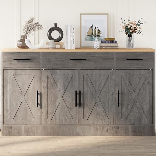 Ash Grey Wood Buffet Cabinet with 3 Drawers and 4 Doors E525763