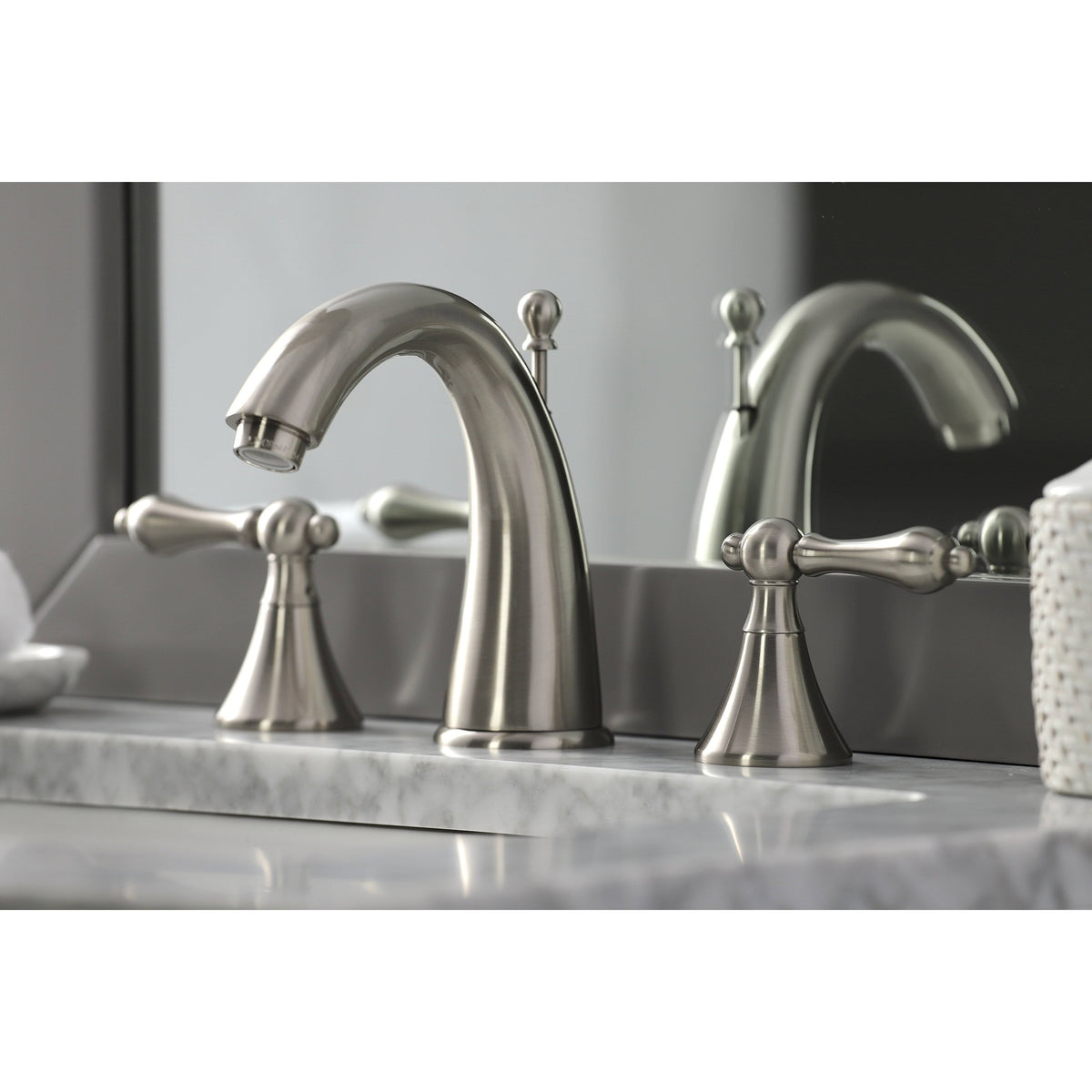 Brushed Nickel Widespread Bathroom Faucet with Brass Pop-Up J509492