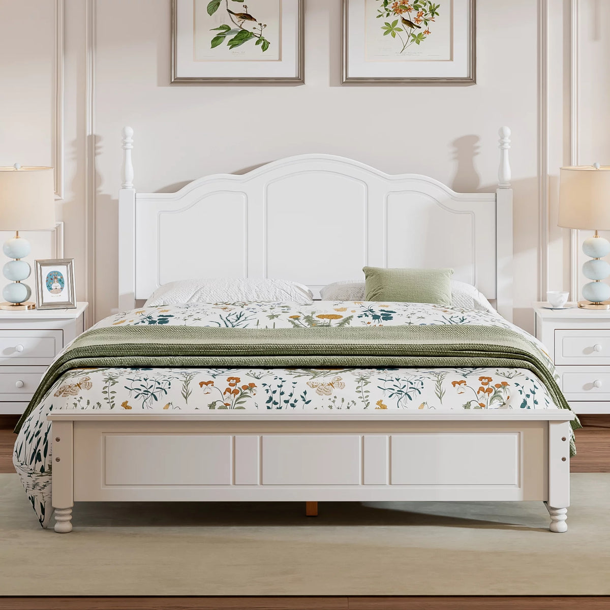 White Queen Size Wood Platform Bed Frame with Headboard U479353