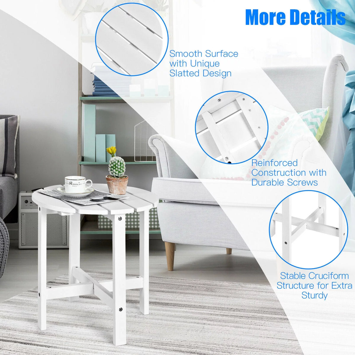 18" Round Wooden Slat Patio Side Table in White F167899