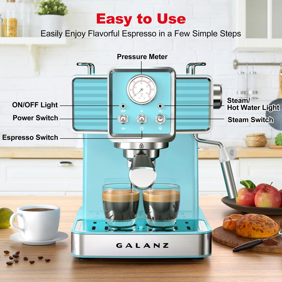 Espresso Machine with Milk Frother, 15 Bar Pump, 1.5L Removable Water Tank, Retro Red, 1350 W C61677