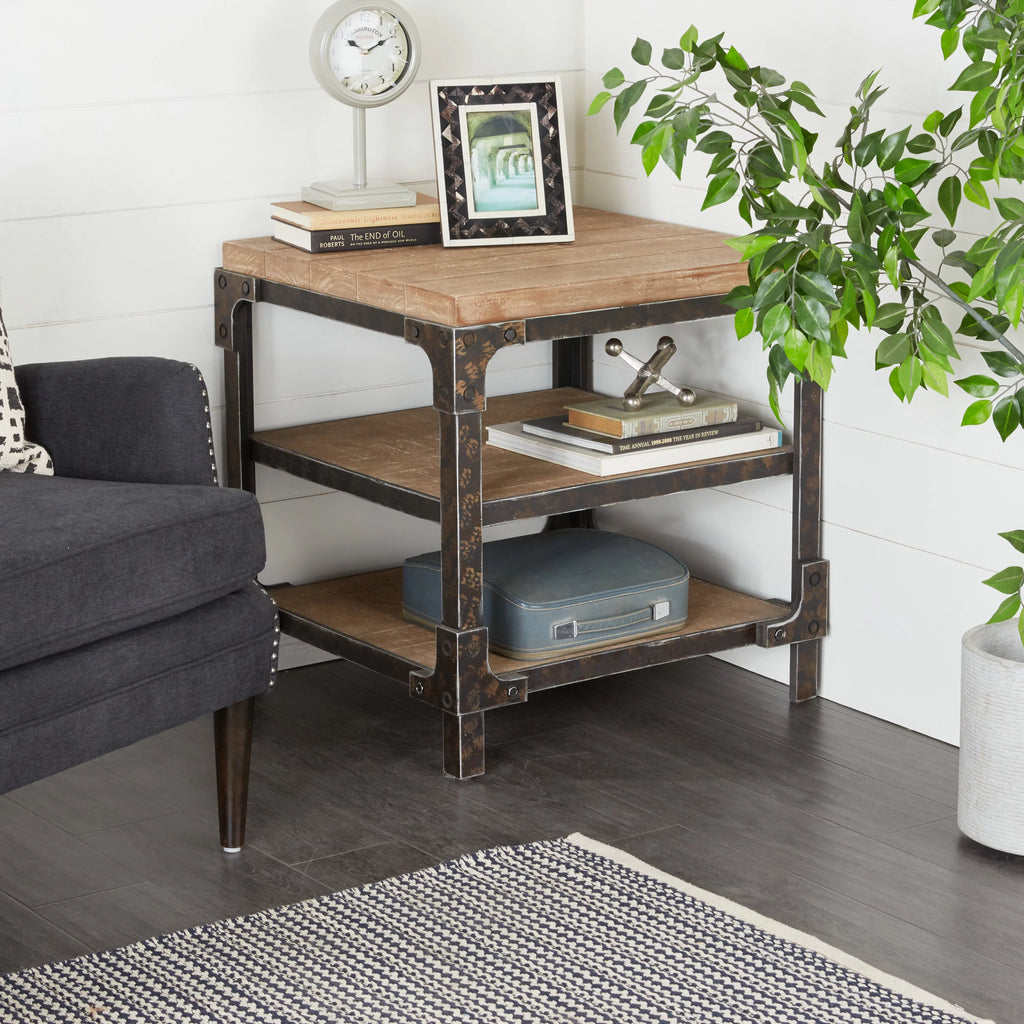 24" x 26" Brown Wood 2 Shelves Accent Table T53124