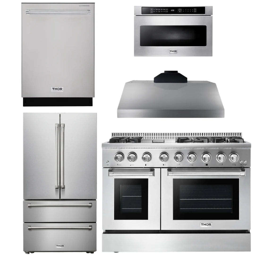 48 In. Dual Fuel Range, Range Hood, Refrigerator, Dishwasher, Microwave Drawer V6524