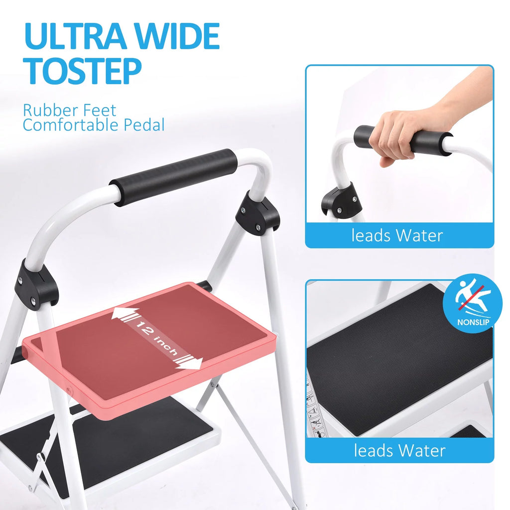 2 Step Stool Folding Step Ladder Non-slip White P291626