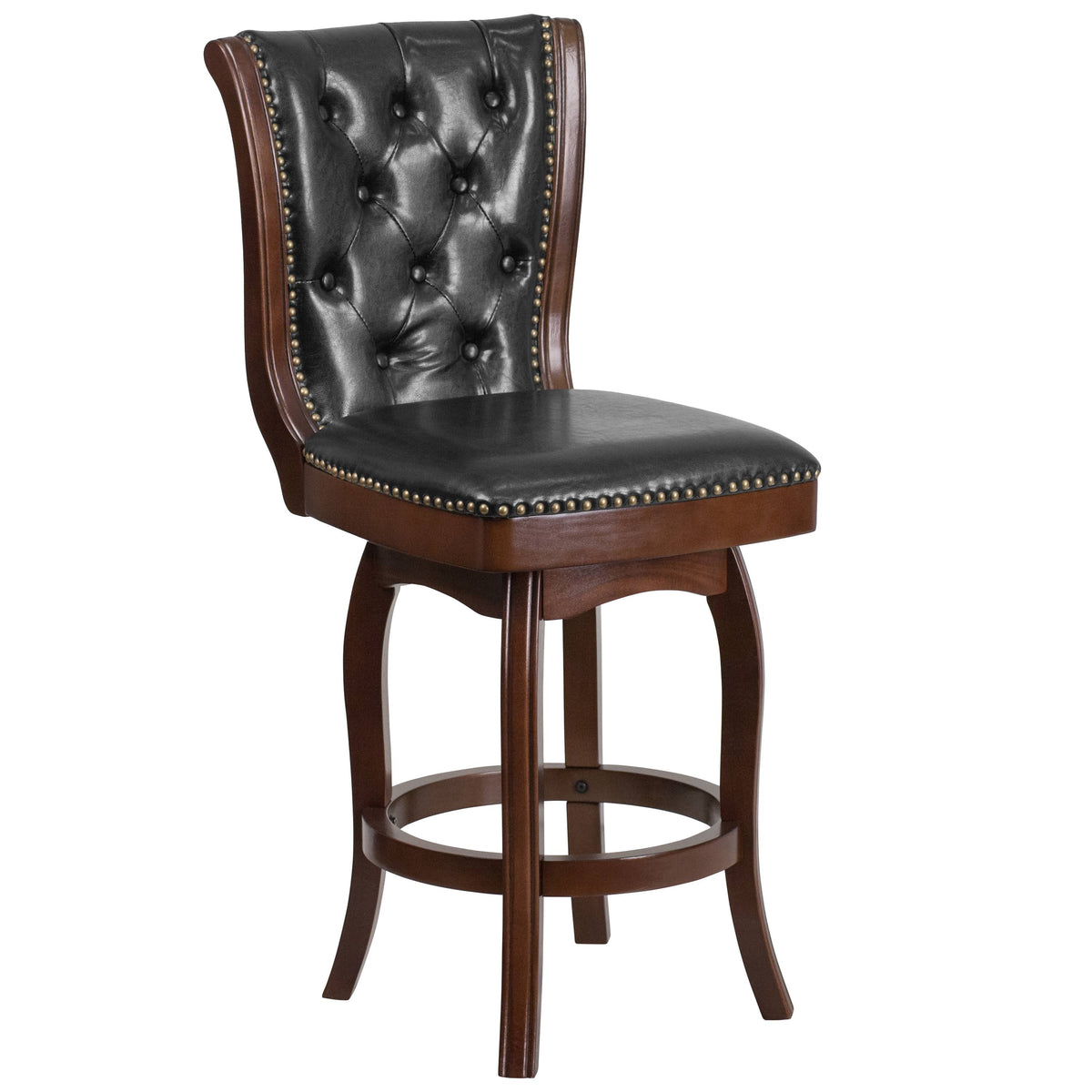 26 Inch Cappuccino Wood Counter Height Stool with Black Leather Swivel Seat Q352