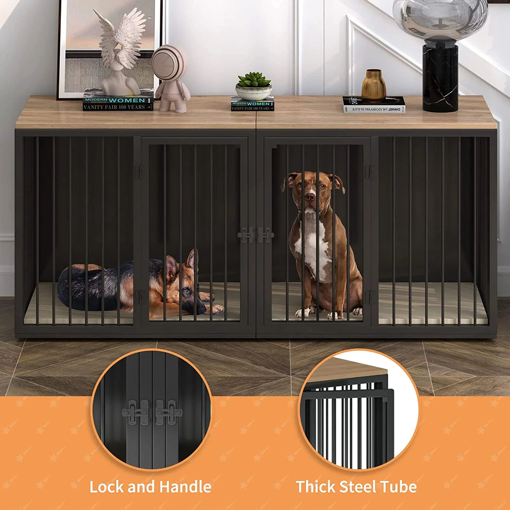 Black Large 2 Dog Steel Frame Wooden Top Crate Furniture O342