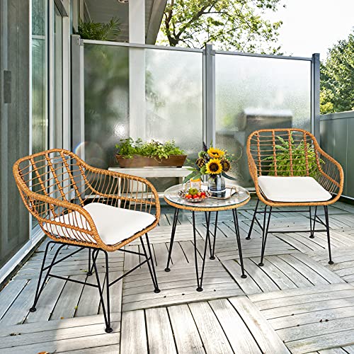 3 Pieces Outdoor Wicker Bistro Set with Cushions D914