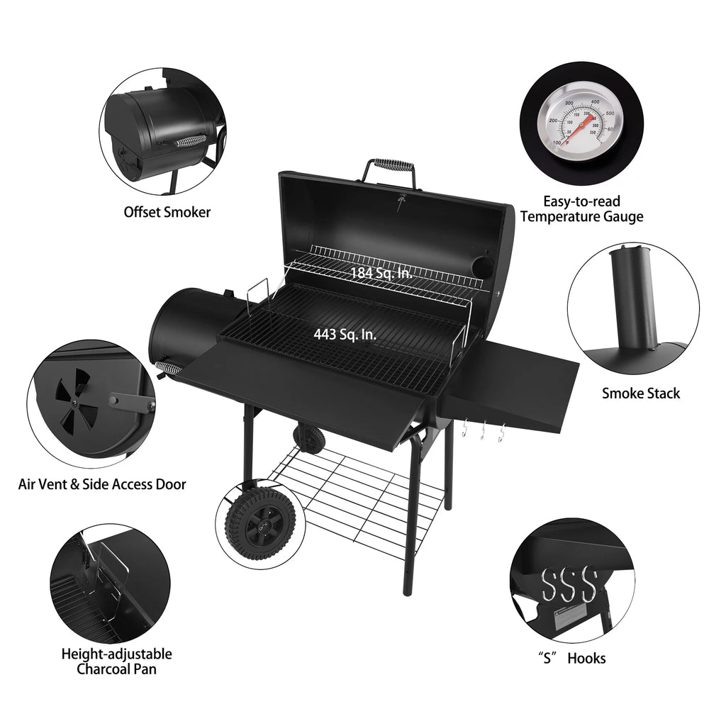 Steel Charcoal Grill with Offset Smoker D451