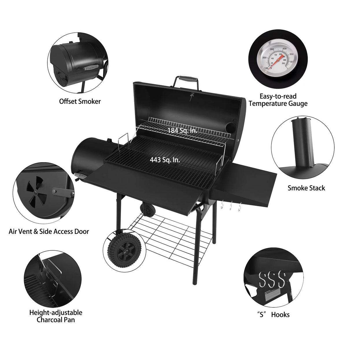 Steel Charcoal Grill with Offset Smoker D451