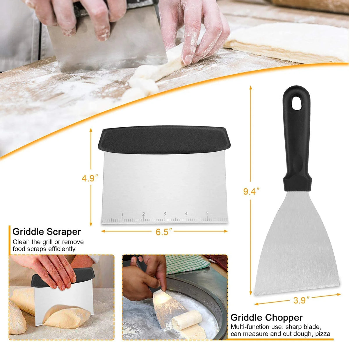 Griddle Tool Set Flat Top Grill Accessories Kit with 304 Melting Dome Lid, Spatulas, Scraper, Egg Rings, Burger Press Carrying Bag & Squirt Bottles A37412