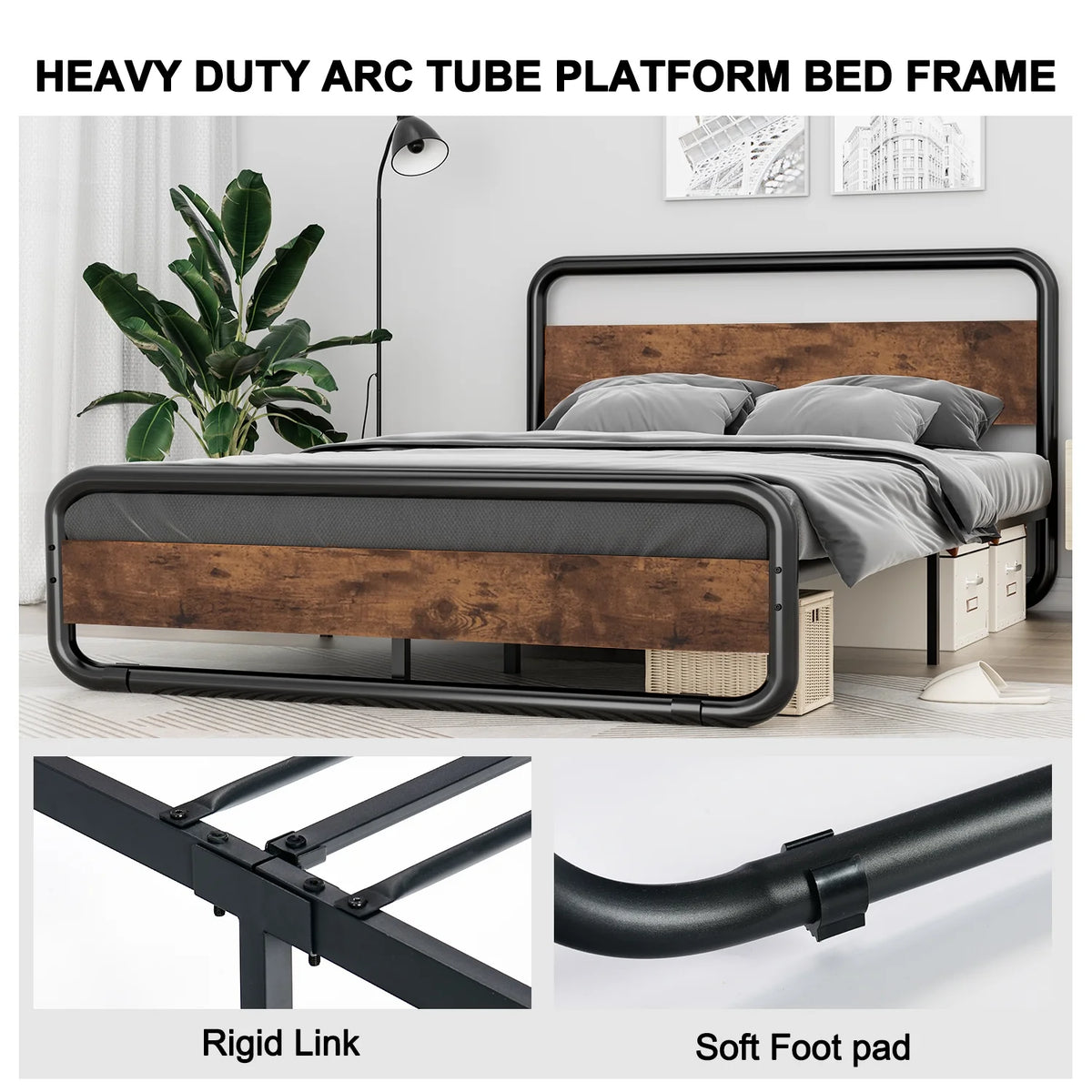 Queen Size Metal Platform Bed Frame with Wooden Headboard T347294