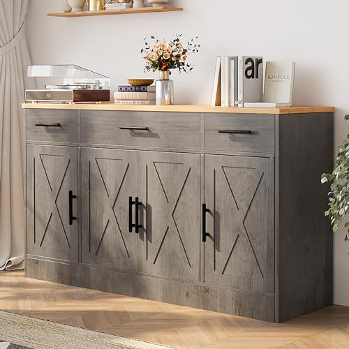 Ash Grey Wood Buffet Cabinet with 3 Drawers and 4 Doors E525763