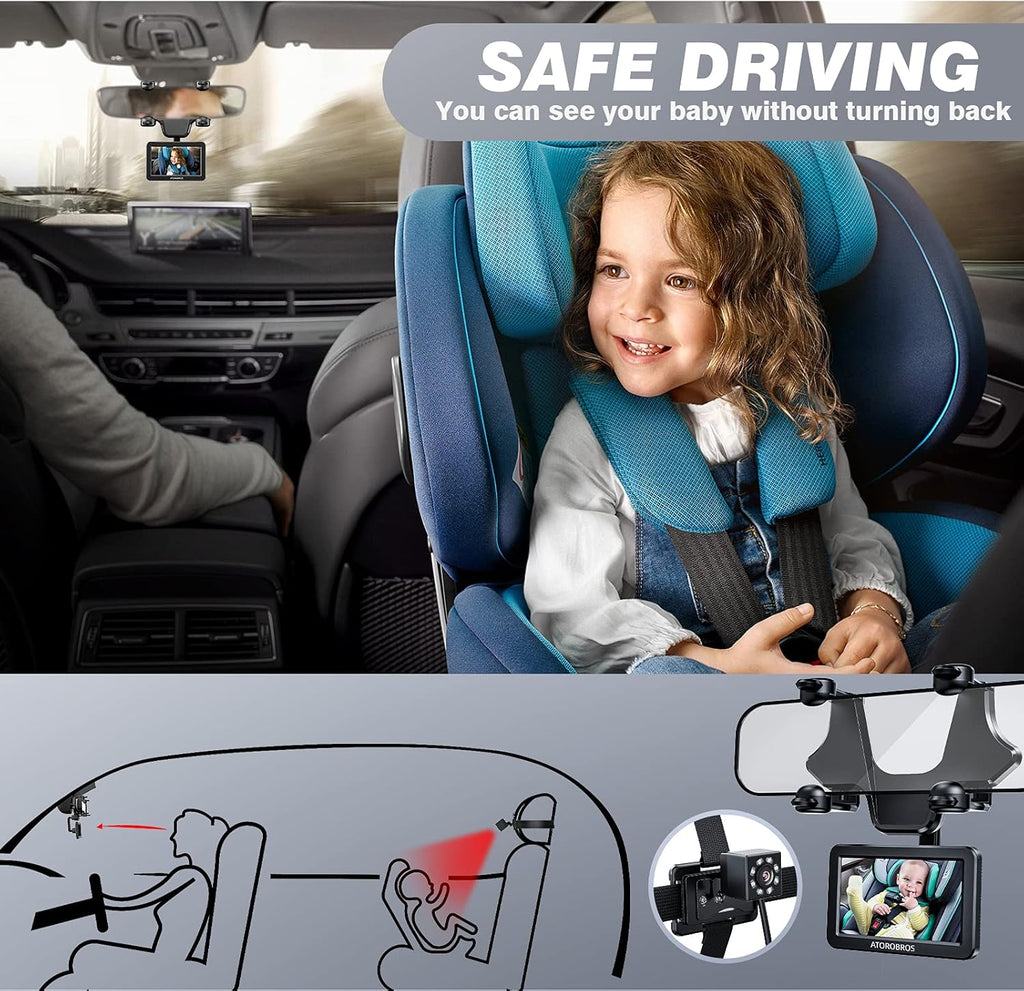 Baby Car Camera with 4.3'' HD Display, 1080P Night Vision, 360° Rearview Mirror Display Bracket O26401
