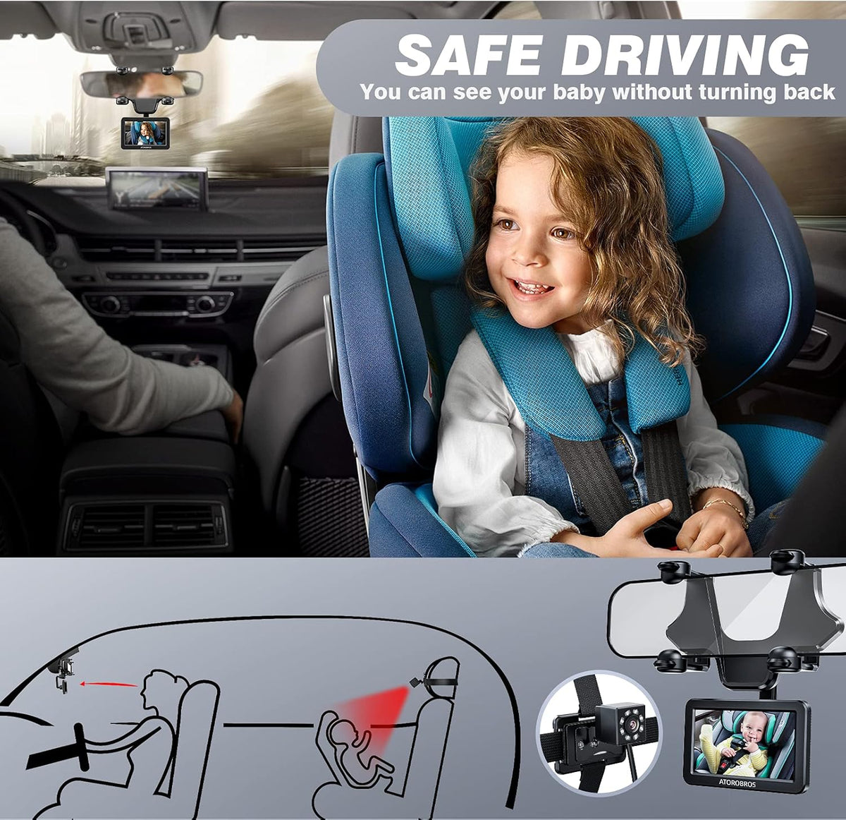 Baby Car Camera with 4.3'' HD Display, 1080P Night Vision, 360° Rearview Mirror Display Bracket O26401