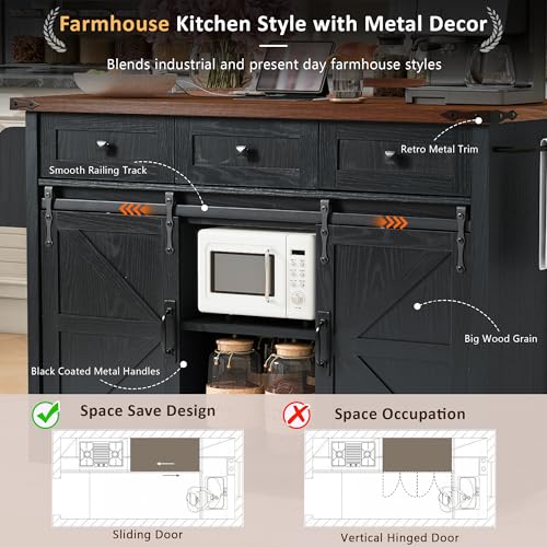 Kitchen Island with Power Outlet, 2 Sliding Barn Door Storage Island with Drop Leaf, Spice Rack Rolling Cart on Wheels W549