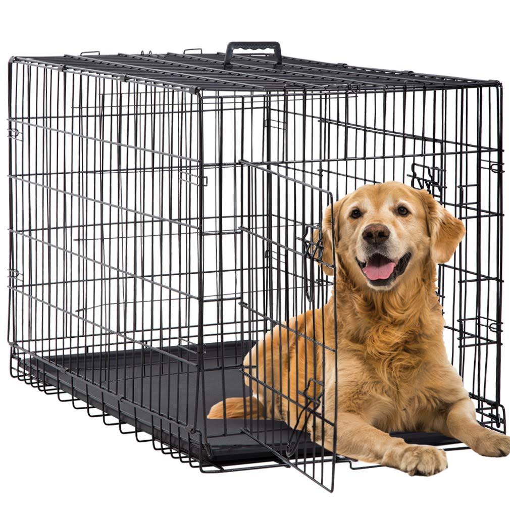 48 inch Large Dog Crate Metal Wire Double-Door Folding Pet Cage with Plastic Tray I958528