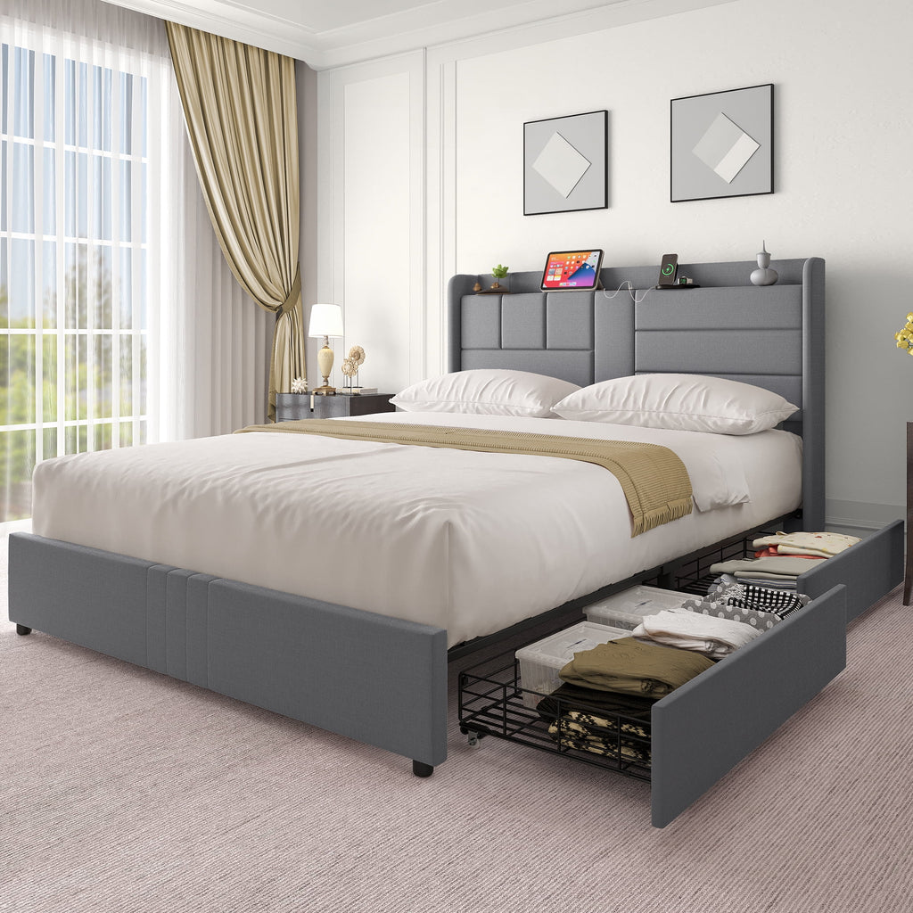 Queen Size Upholstered Platform Bed with Storage Drawers X986