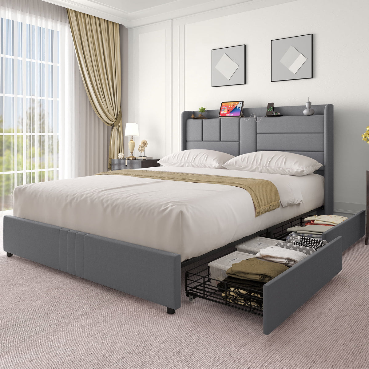 Queen Size Upholstered Platform Bed with Storage Drawers X986